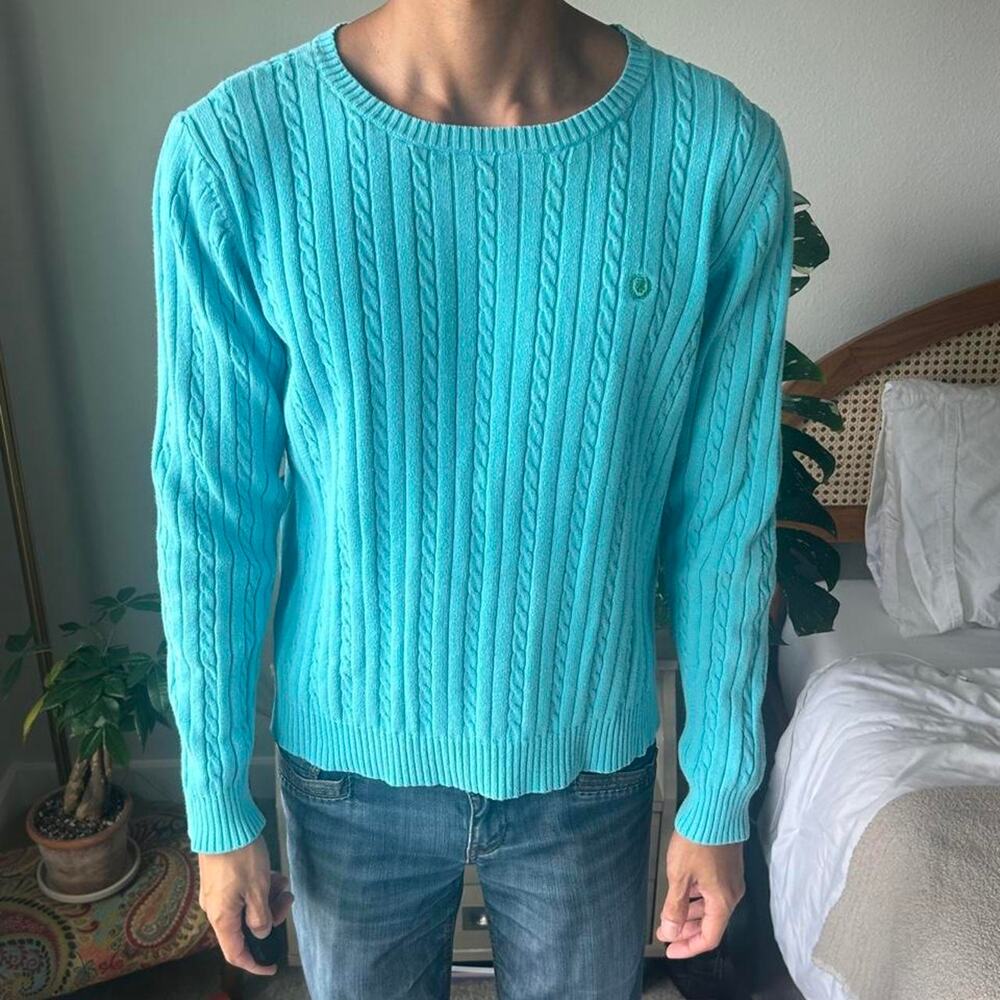 IZOD Cable Knit Crewneck Sweater Womens Large Turquoise Blue Pullover L